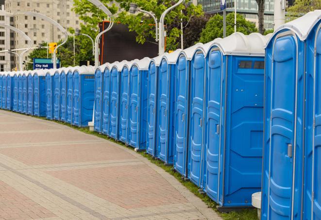 hygienic portable restrooms lined up at a music festival, providing comfort and convenience for attendees in River Oaks